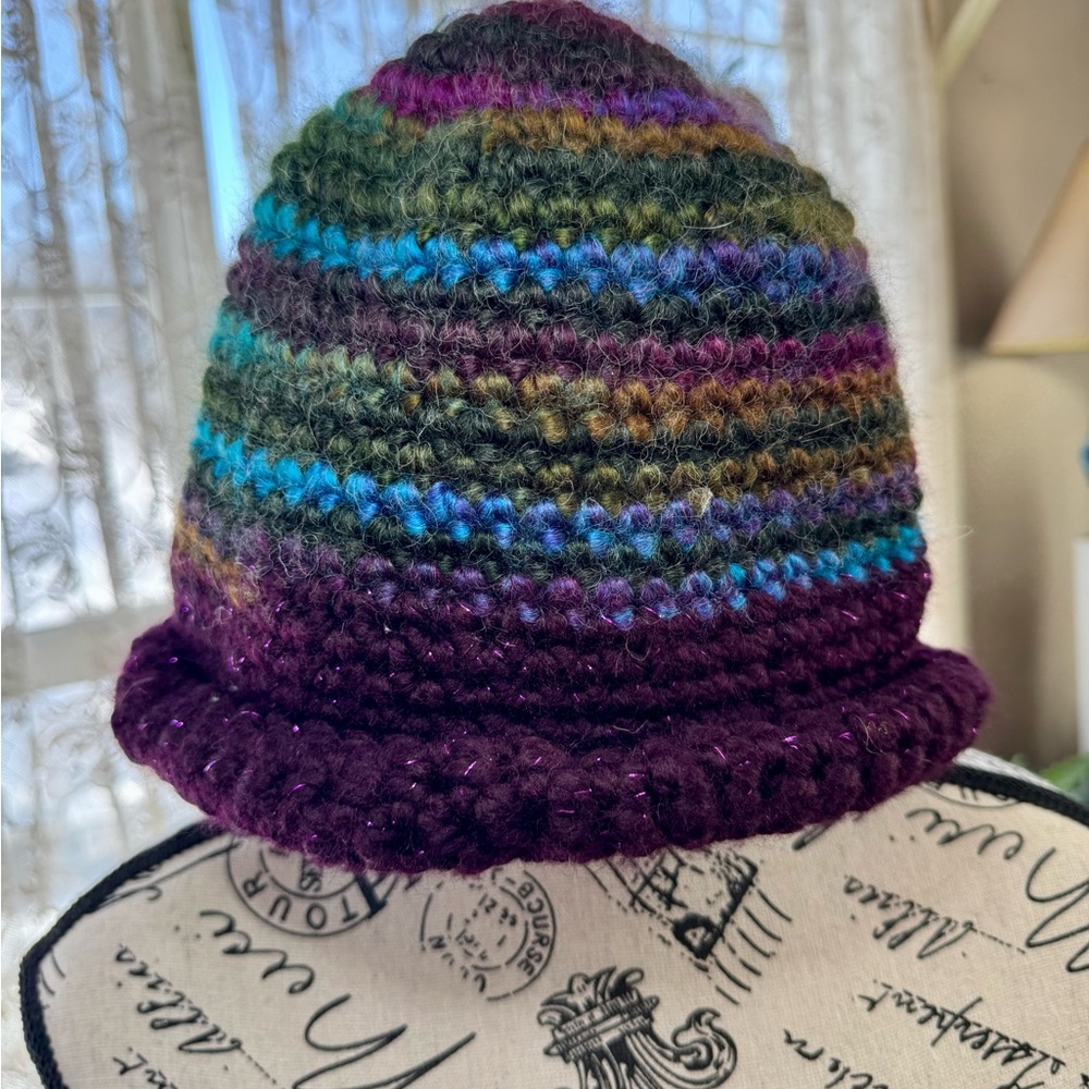 Hand Crafted Purple and Green Beanie Hat